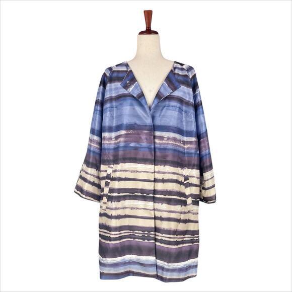 CHICO'S NWT Satin Shantung Topper 3/4 Sleeve Jacket Watercolor Stripe Sz 2 L/12 - Picture 1 of 10